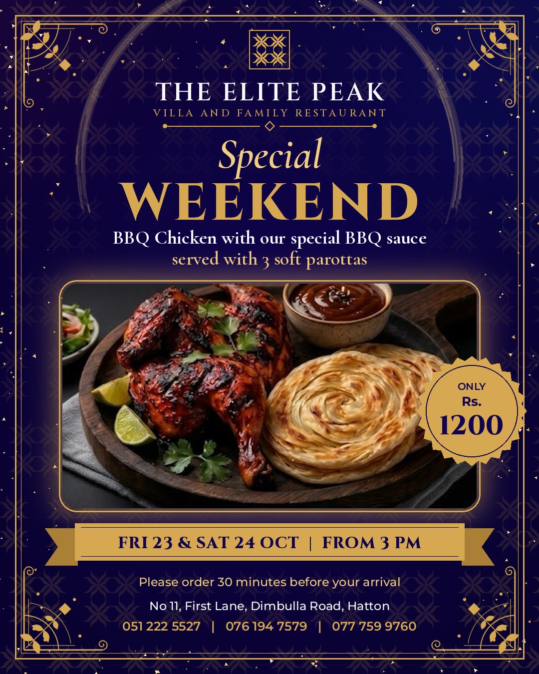 Special Weekend at The Elite Peak, BBQ chicken with special BBQ sauce and 3 parottas for Rs 1200